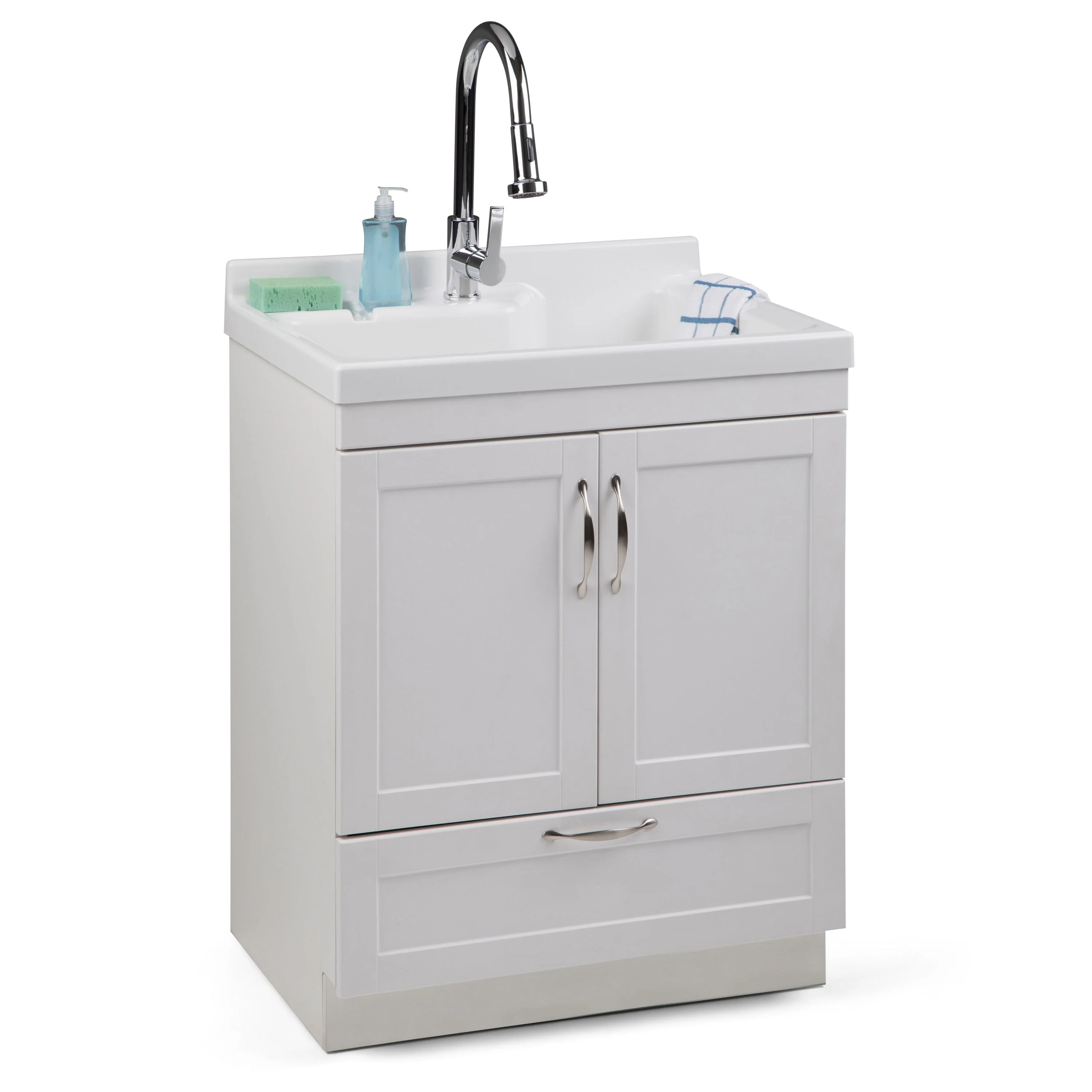 Simpli Home Maile Freestanding Pure White Laundry Sink with Cabinet, Drain, and Faucet - Image 9