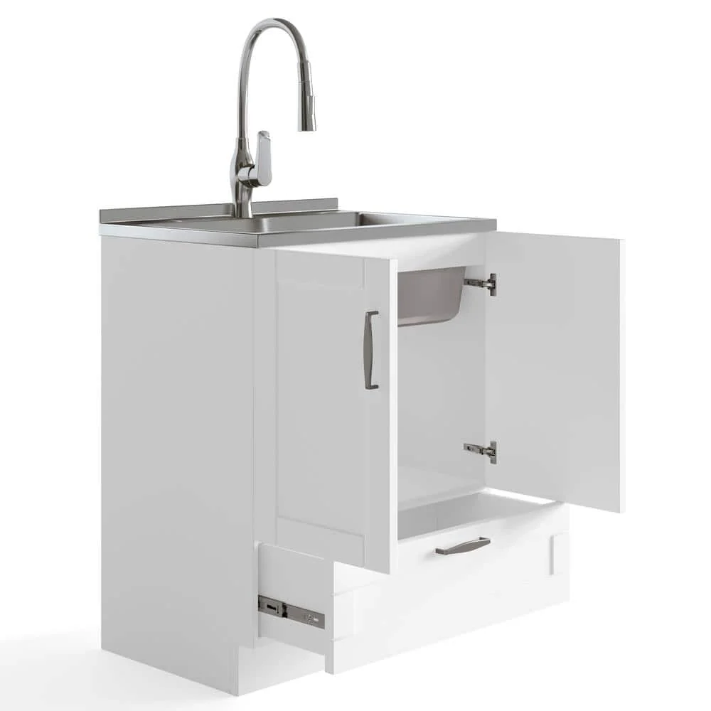 Simpli Home Reed All-in-One 28 in. Utility Laundry Sink with Cabinet in Pure White - Image 3