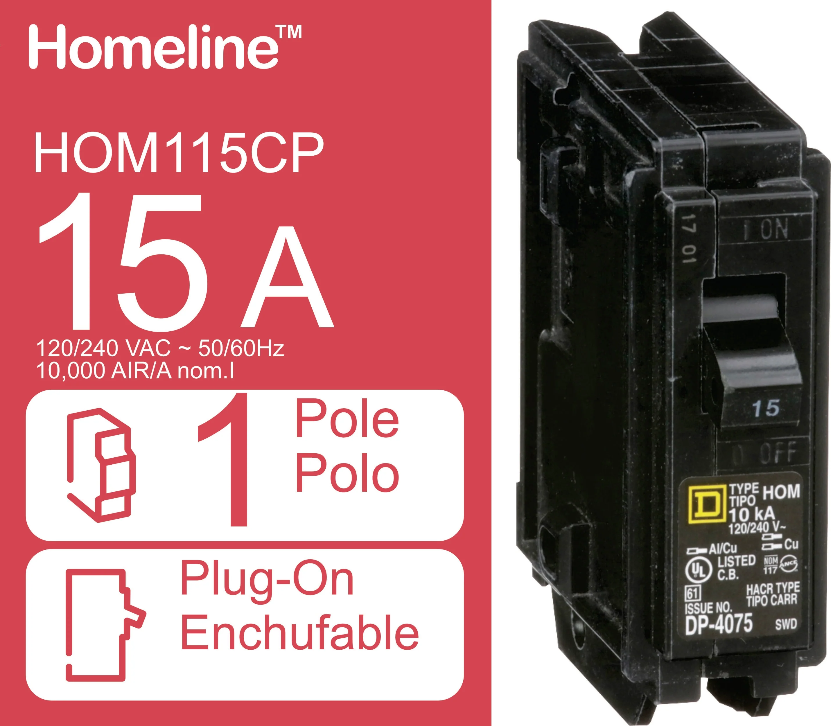 Square D Homeline 15-Amp 1-Pole Standard Trip Plug-On Circuit Breaker, HOM115CP - Image 6