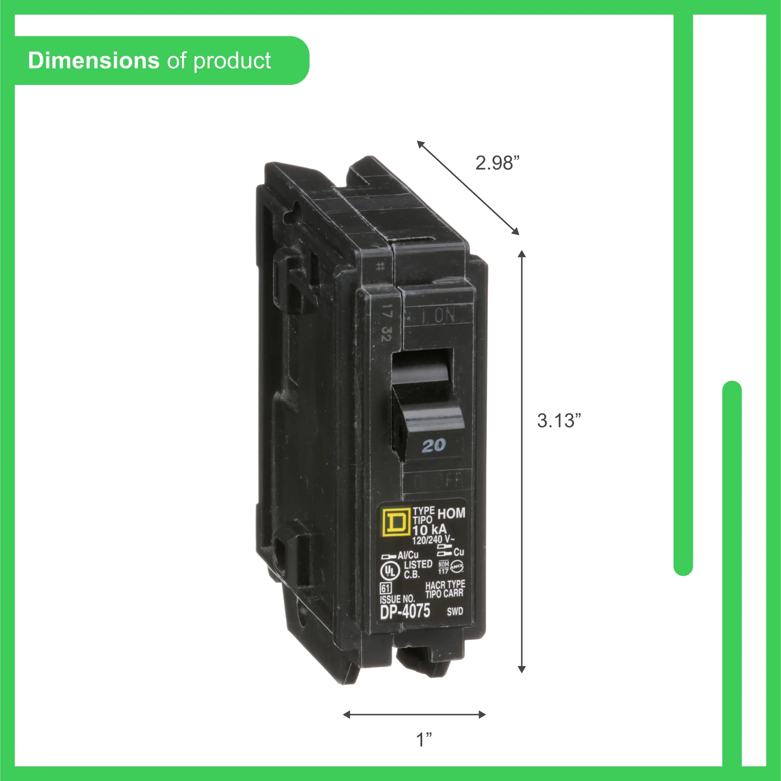 Square D Homeline 20-Amp Single-Pole Standard Trip Circuit Breaker, 120/240V, 10kA AIR (HOM120CP) - Image 4