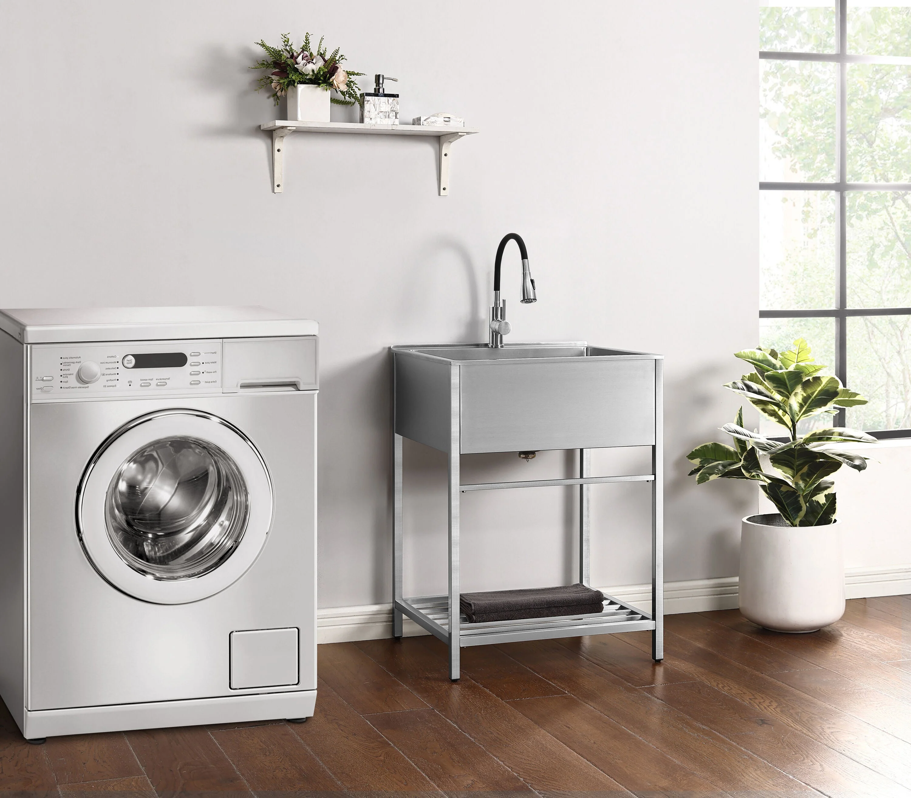 Style Selections Stainless Steel Freestanding Laundry Sink with Faucet - 22x25 Inch - Image 4