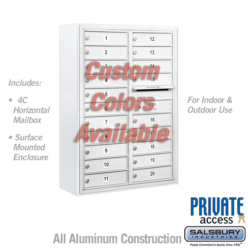 Surface Mounted 4C Horizontal Mailbox Unit - 11 Door High, Double Column, 20 MB1 Doors, Custom Color, Front Loading, Private Access