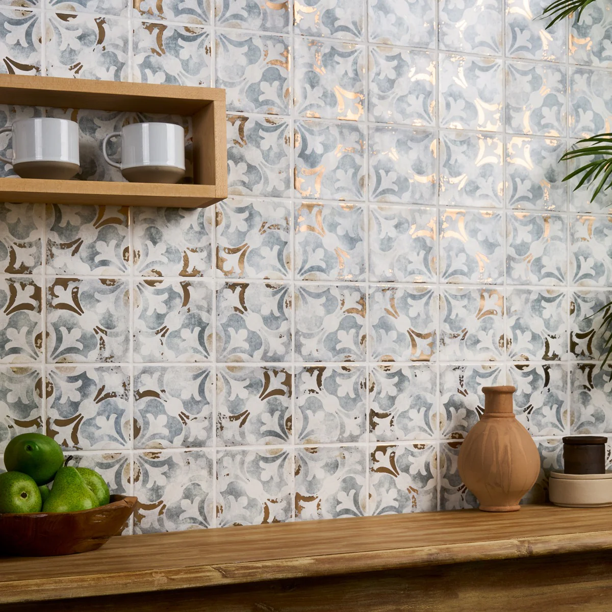 Talia Bossa Blue Gray Ceramic Tile with Gold Accents, 5x5 Matte Finish