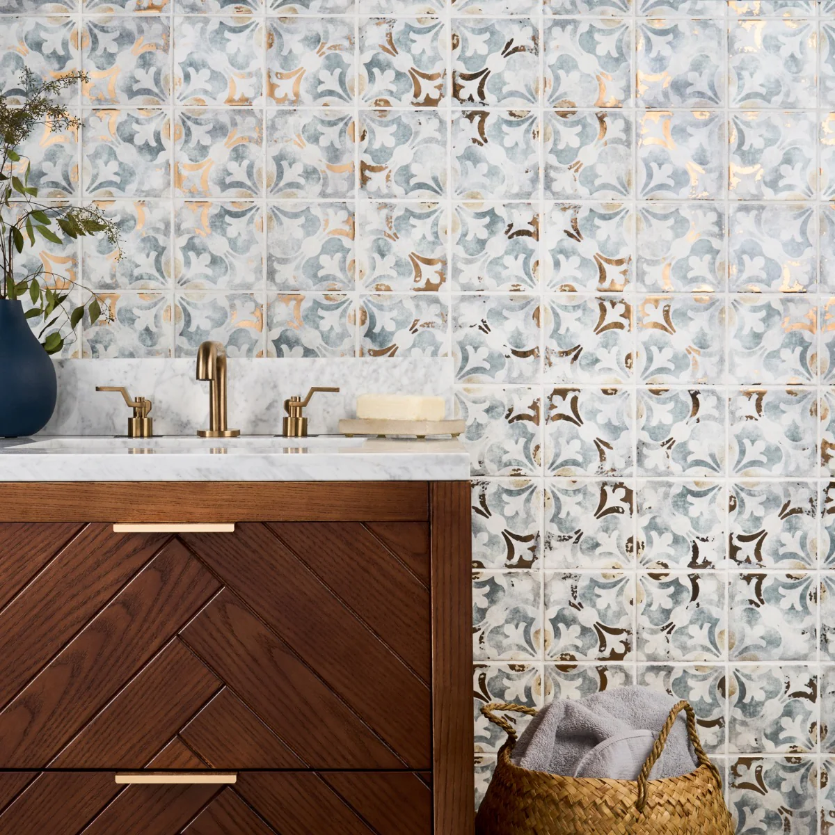 Talia Bossa Blue Gray Ceramic Tile with Gold Accents, 5x5 Matte Finish - Image 2