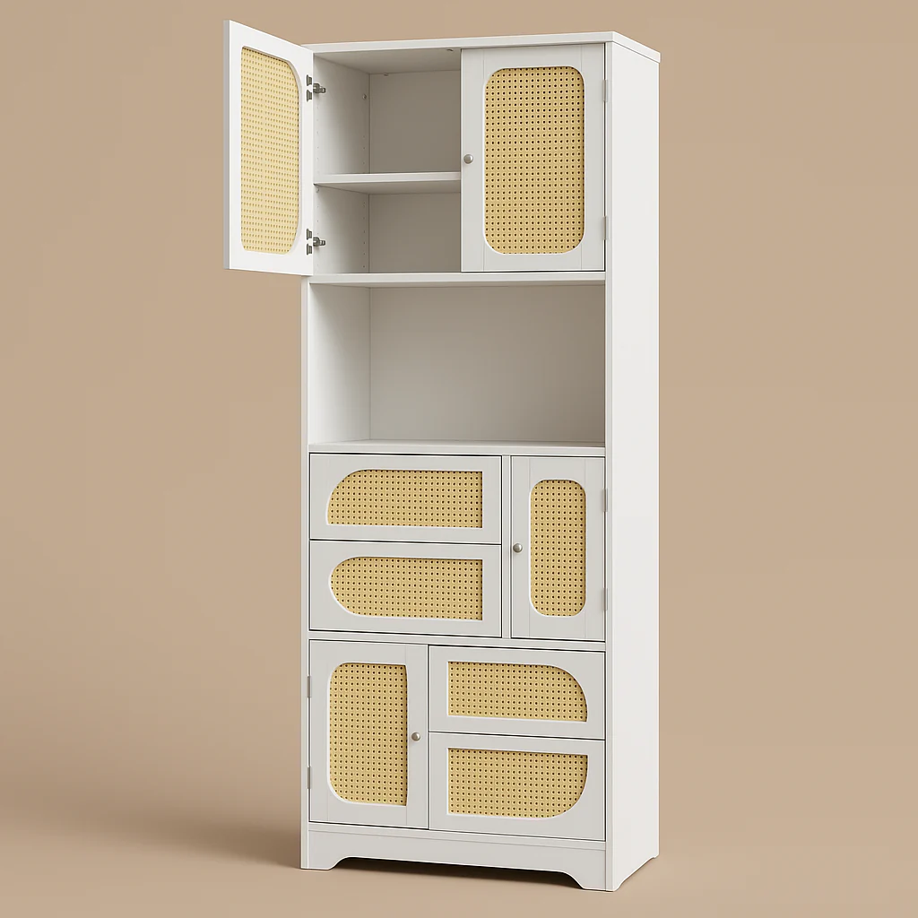 Tatayosi White Storage Cabinet with Rattan Doors, 71" Pantry Hutch Cabinet