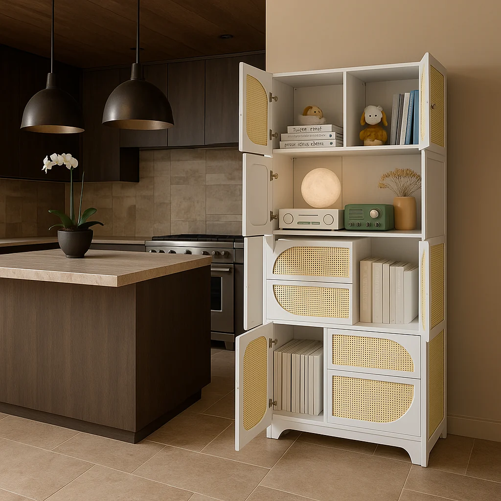 Tatayosi White Storage Cabinet with Rattan Doors, 71" Pantry Hutch Cabinet - Image 2