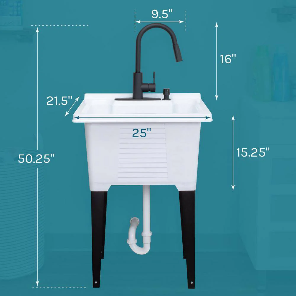TEHILA 25 in. ABS Plastic Freestanding Utility Sink with Black Hi-Arc Faucet - Image 4