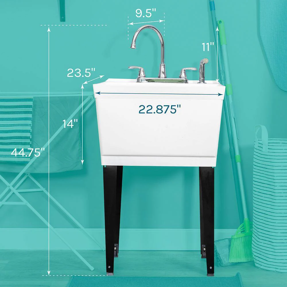 TEHILA Complete 22.875 in. x 23.5 in. White 19 Gal. Utility Sink Set with Chrome Faucet and Side Sprayer - Image 4