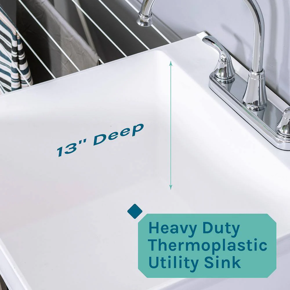TEHILA Complete 22.875 in. x 23.5 in. White 19 Gal. Utility Sink Set with Chrome Faucet and Side Sprayer - Image 8