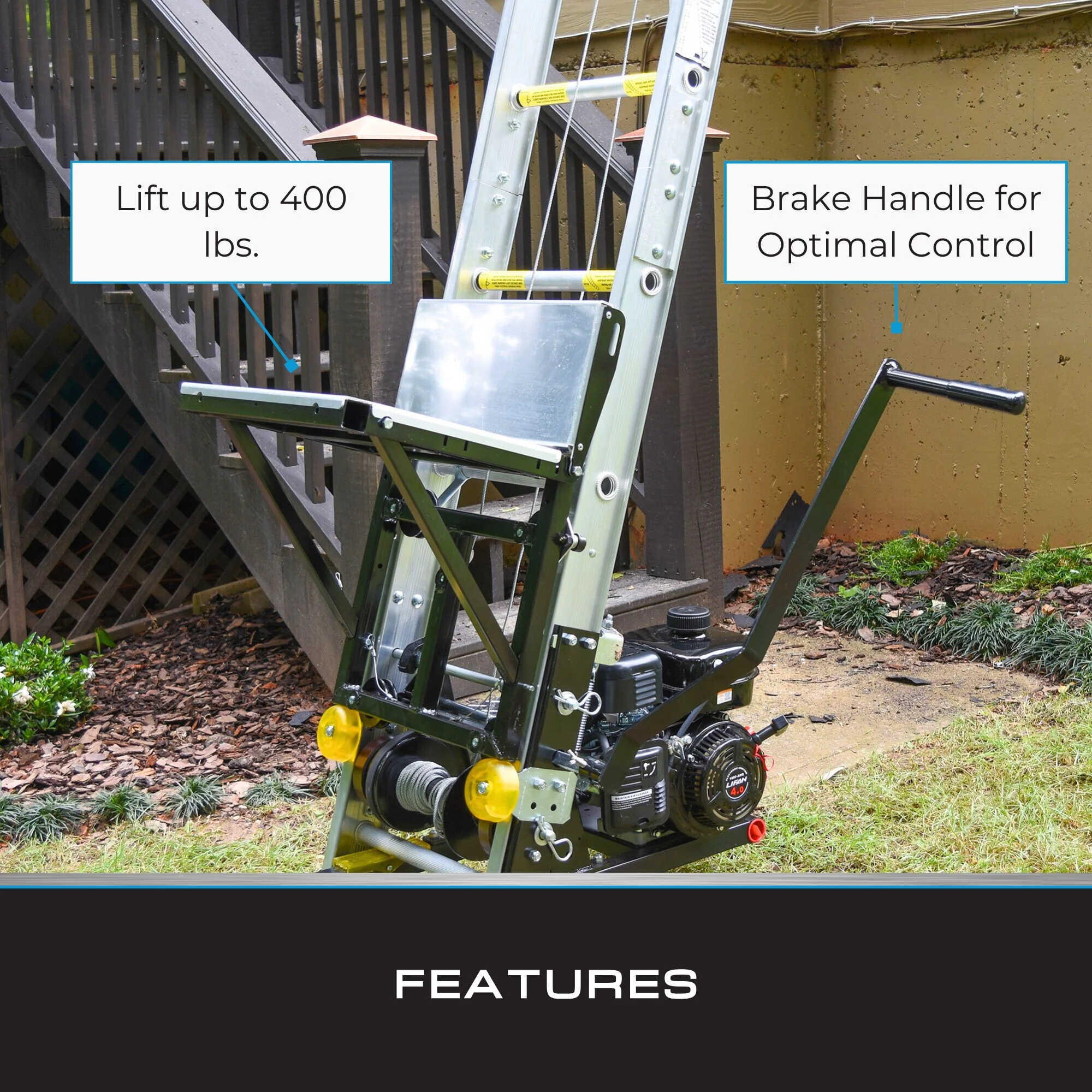 Tie Down TranzPorter TP400 Roofing Platform Ladder Hoist with Lifan Gas Engine, 28-ft Track, 400-lb Capacity - Image 5