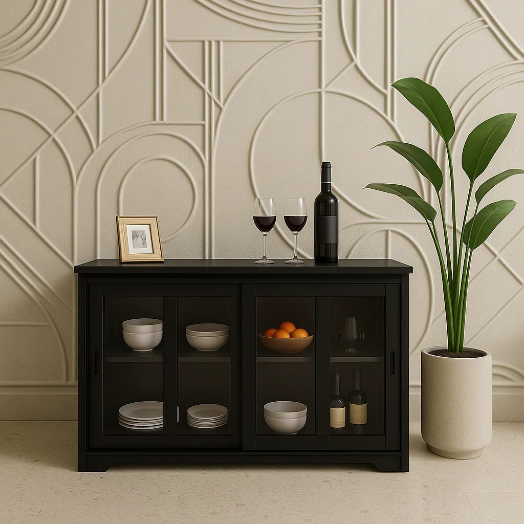 Tileon Black Kitchen Storage Cabinet Stand Cupboard With Glass Door - Image 2