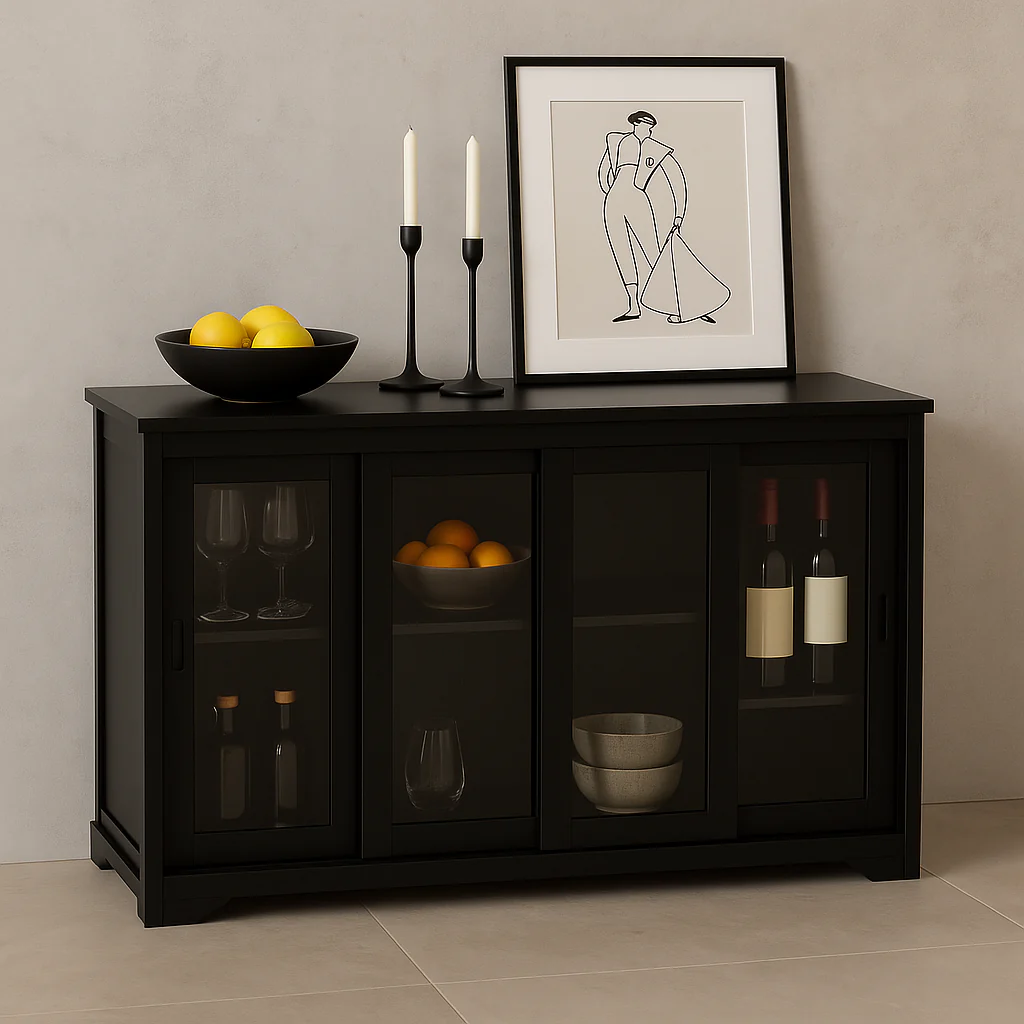 Tileon Black Kitchen Storage Cabinet Stand Cupboard With Glass Door - Image 3