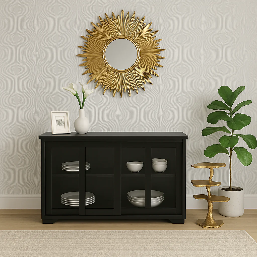 Tileon Black Kitchen Storage Cabinet Stand Cupboard With Glass Door - Image 4
