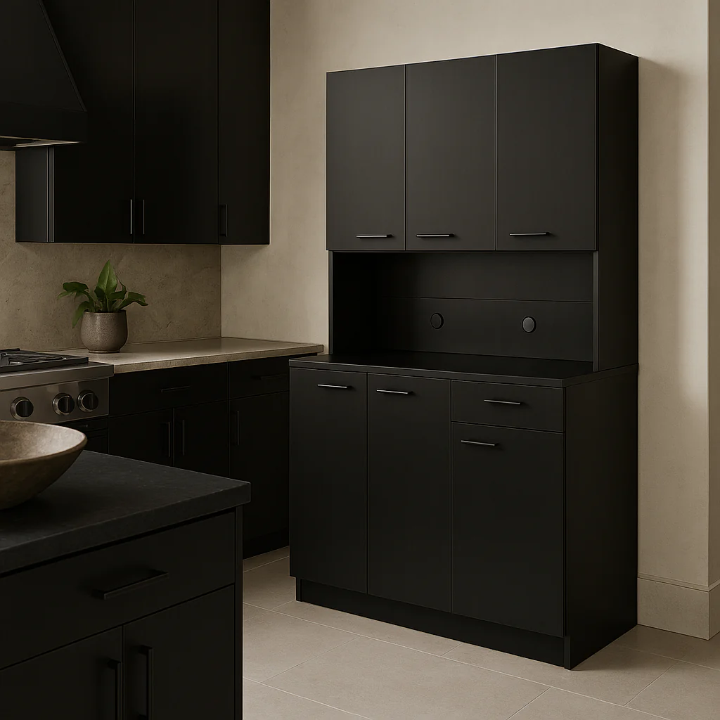 Tileon Black Wood Freestanding Kitchen Cabinet with 6 Doors and 1 Drawer - Image 2