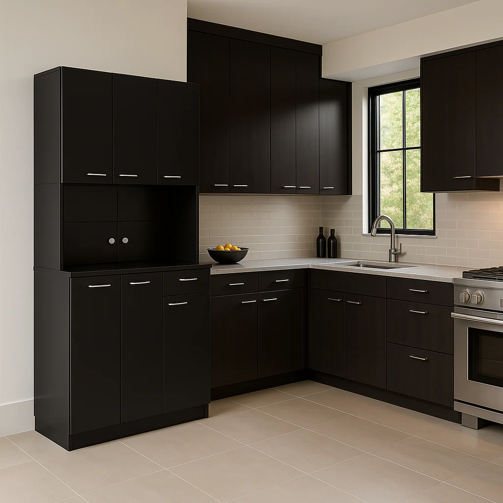 Tileon Black Wood Freestanding Kitchen Cabinet with 6 Doors and 1 Drawer - Image 3