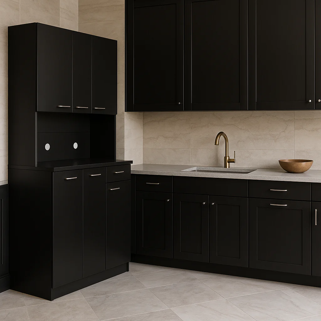 Tileon Black Wood Freestanding Kitchen Cabinet with 6 Doors and 1 Drawer - Image 4