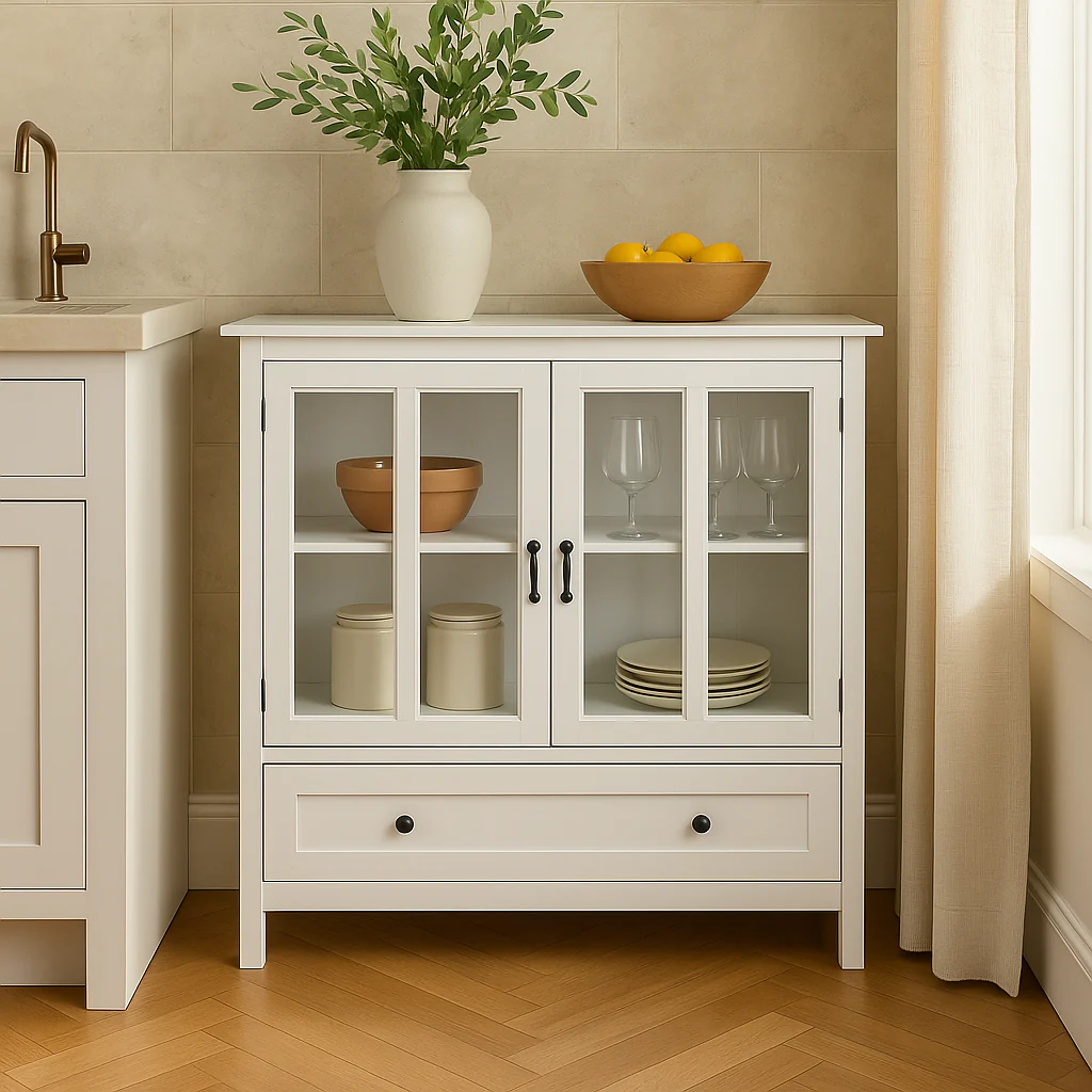 Tileon White MDF Cabinet with Glass Doors - 41.34" W x 15.55" D x 35.43" H - Image 2