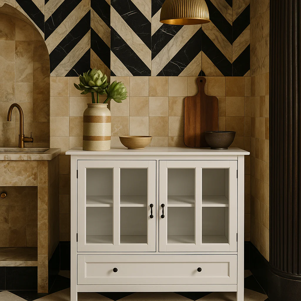 Tileon White MDF Cabinet with Glass Doors - 41.34" W x 15.55" D x 35.43" H - Image 3