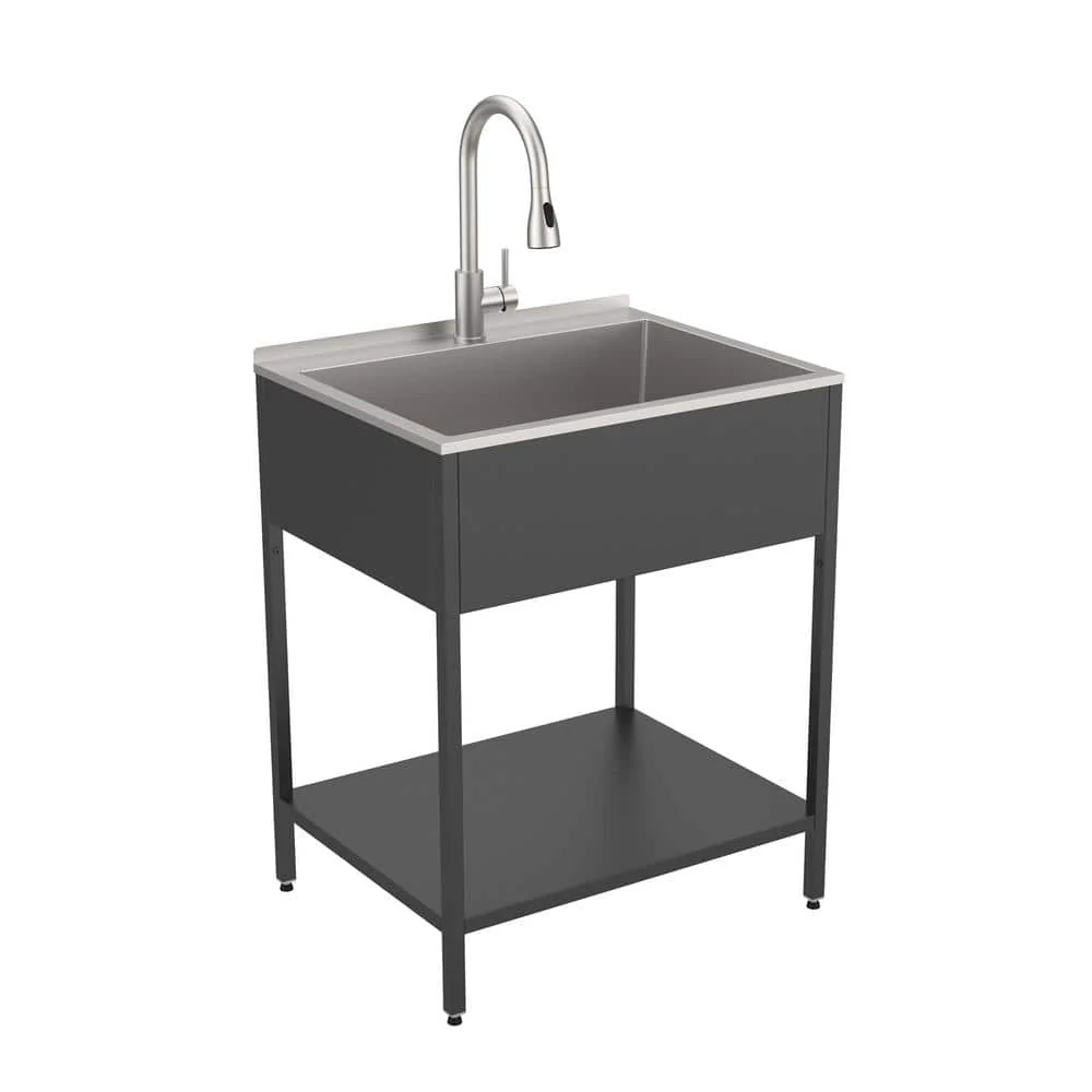 Transolid 18 Gal Matte Black Freestanding Laundry Sink with Cabinet and Faucet