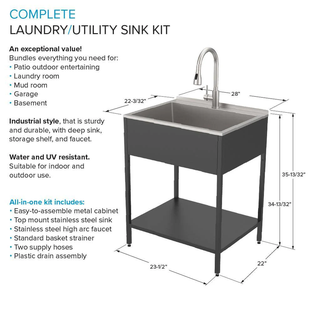 Transolid 18 Gal Matte Black Freestanding Laundry Sink with Cabinet and Faucet - Image 3