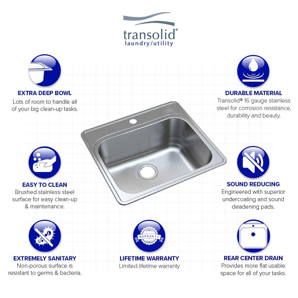 Transolid Meridian 25" x 22" x 12" Stainless Steel Drop-In Laundry Utility Sink Kit - Image 3
