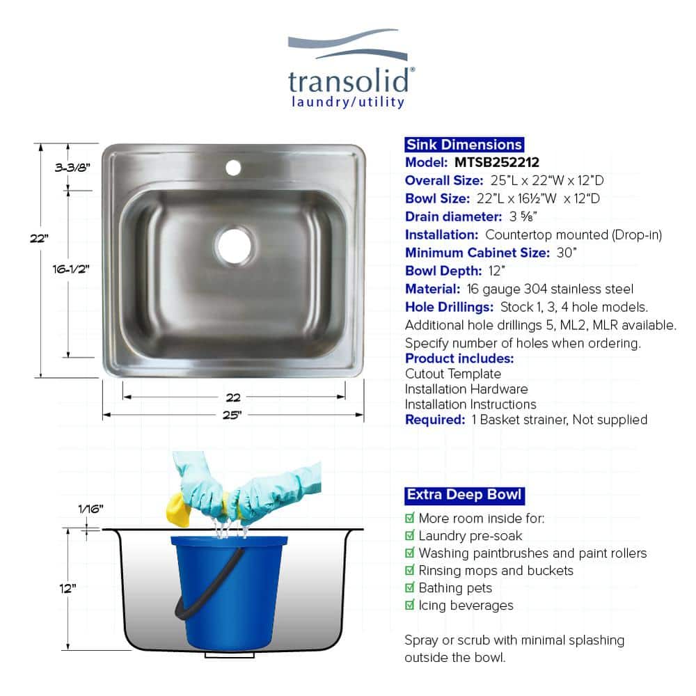 Transolid Meridian 25" x 22" x 12" Stainless Steel Drop-In Laundry Utility Sink Kit - Image 6