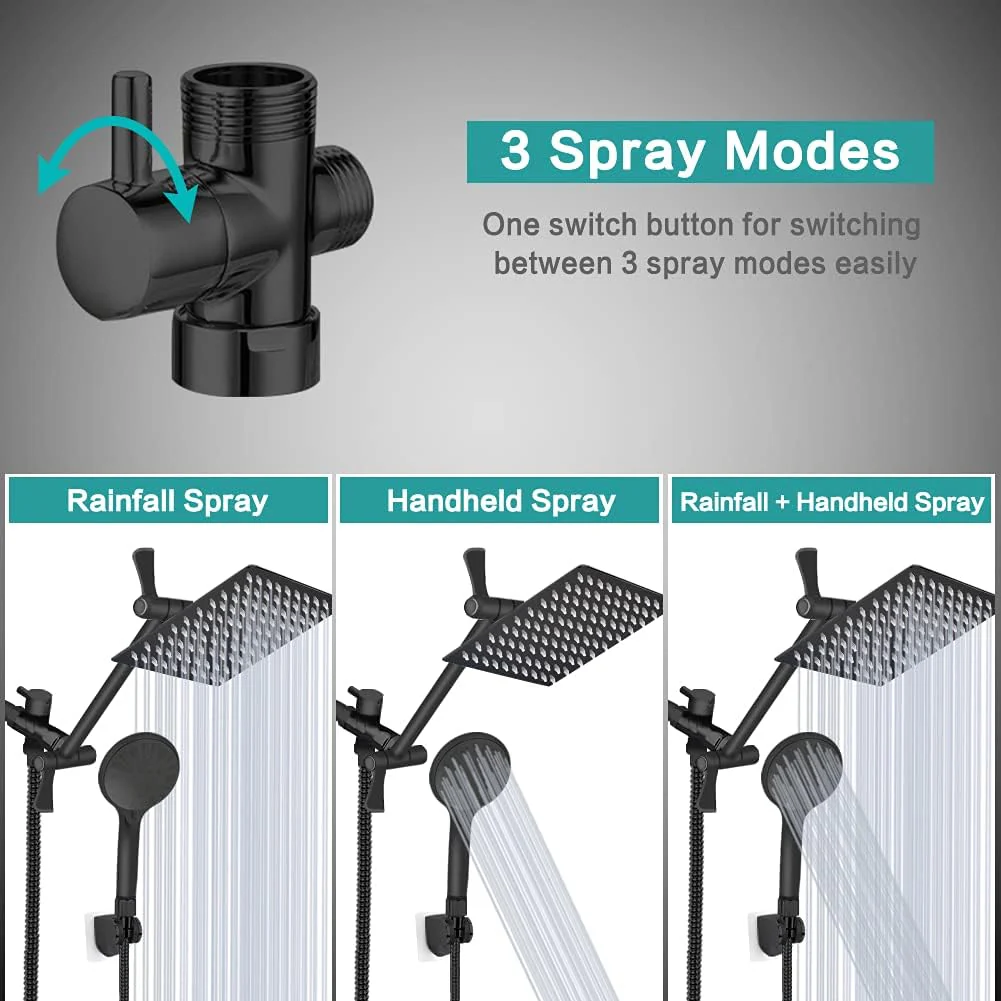 Tudoccy 8'' High Pressure Rainfall and Handheld Shower Combo with Adjustable Extension Arm - Image 2