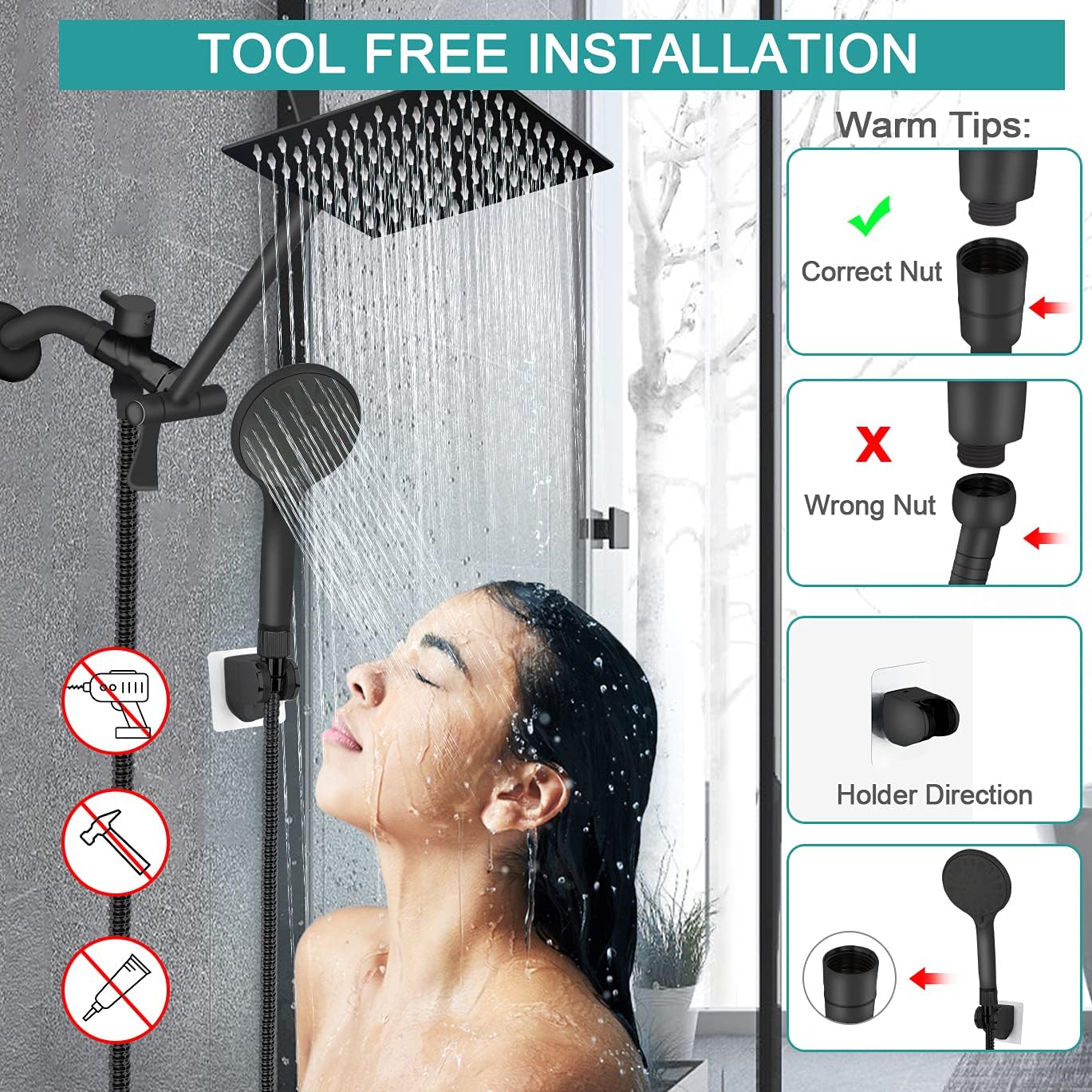 Tudoccy 8'' High Pressure Rainfall and Handheld Shower Combo with Adjustable Extension Arm - Image 6