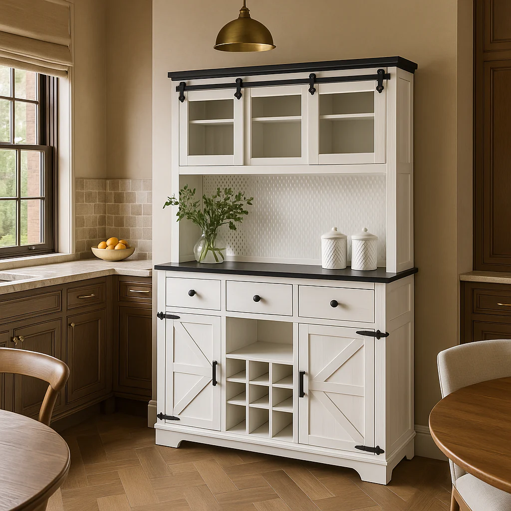 tunuo White Wood Pantry Bar Cabinet with Internal Storage Rack - Image 4
