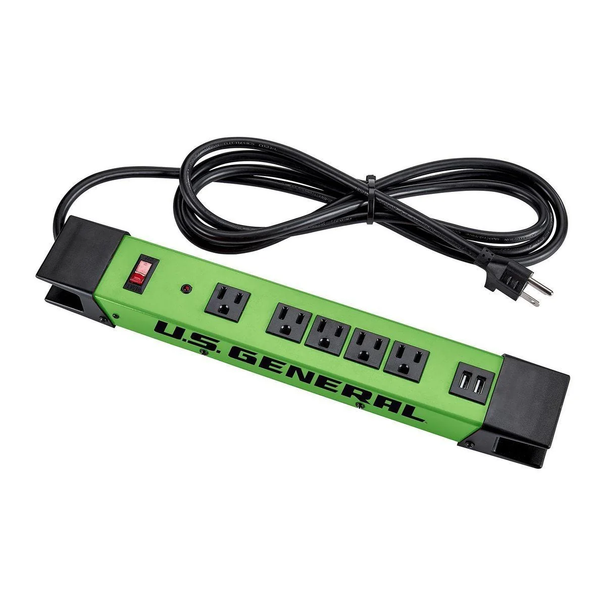U.S. GENERAL 5-Outlet Magnetic Power Strip with Metal Housing and 2 USB Ports, Green