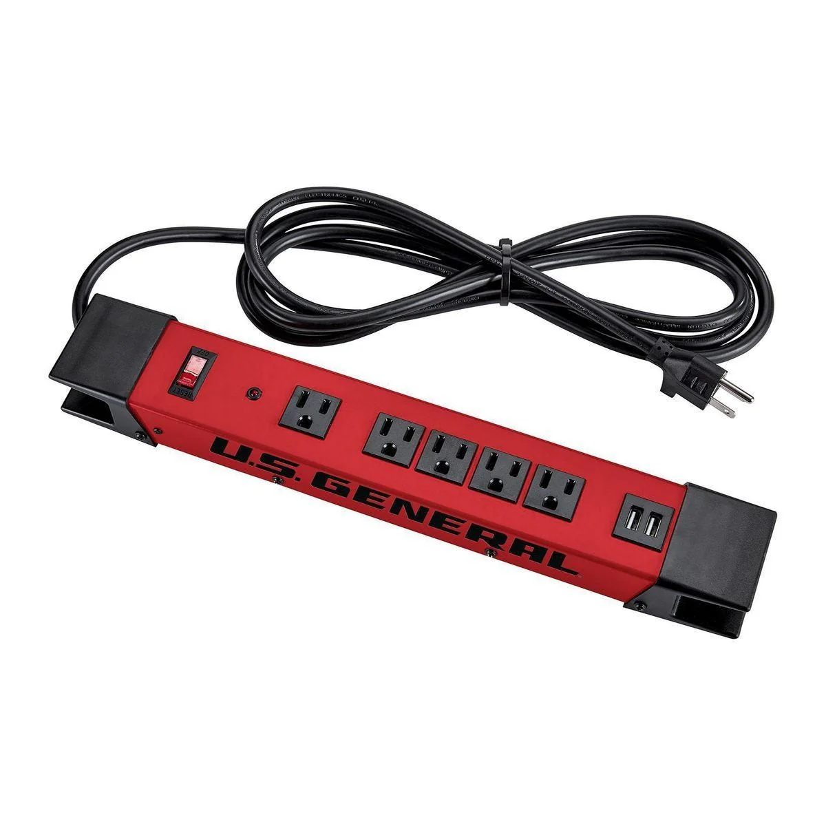 U.S. GENERAL 5-Outlet Magnetic Power Strip with Metal Housing and 2 USB Ports, Red