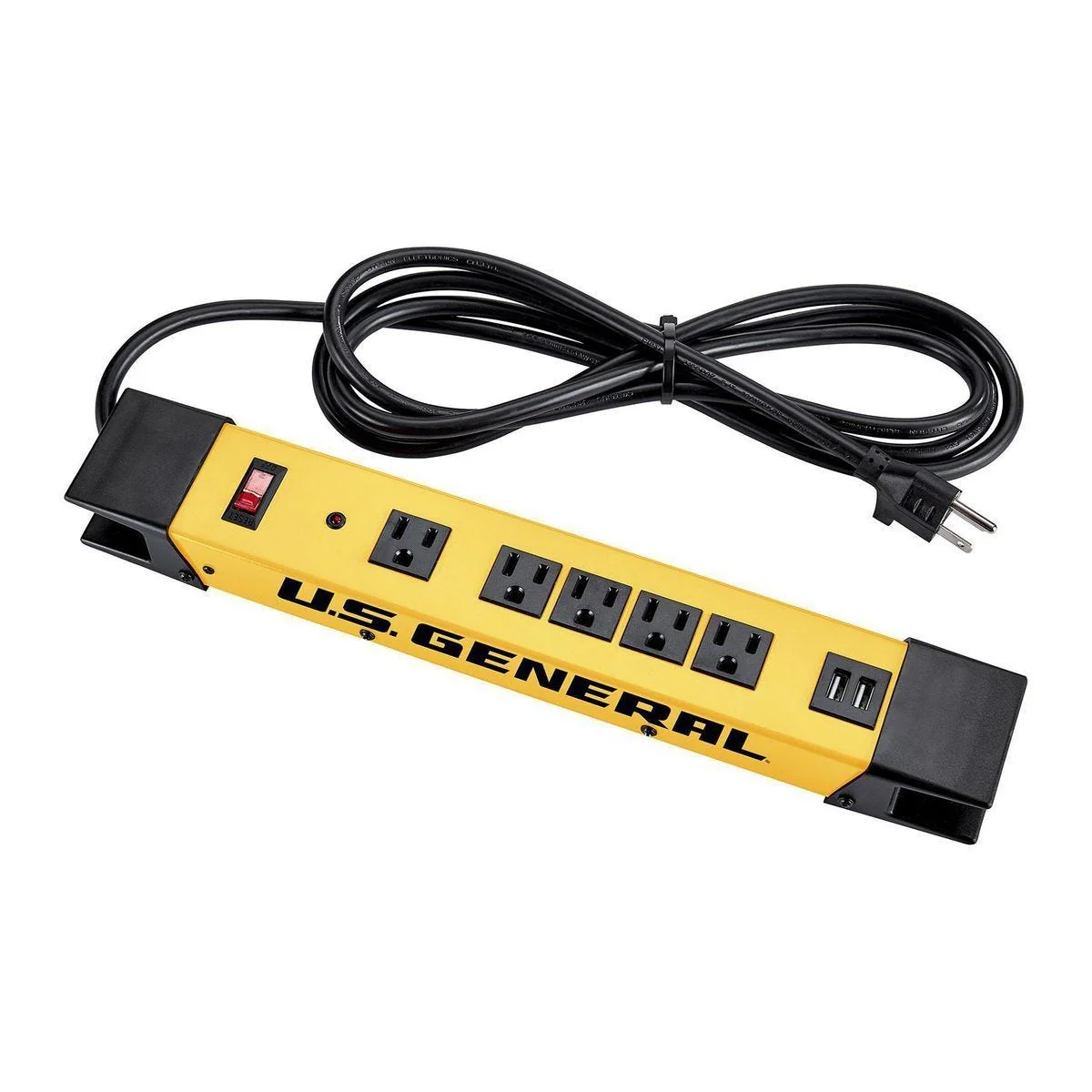 U.S. GENERAL 5-Outlet Magnetic Power Strip with Metal Housing and 2 USB Ports, Yellow