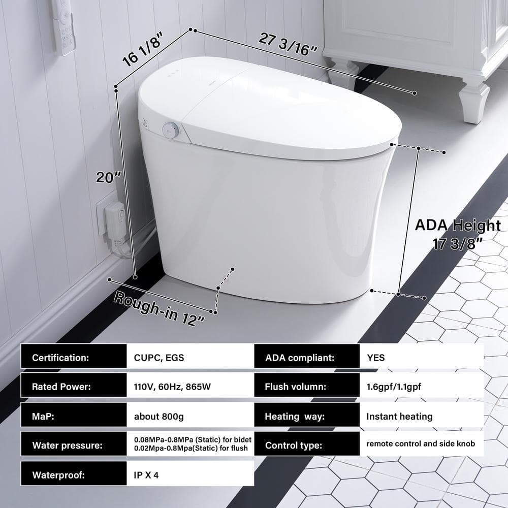 Unbranded ADA Compliant Smart Bidet Toilet - Dual Flush, Remote Control, White - Image 3