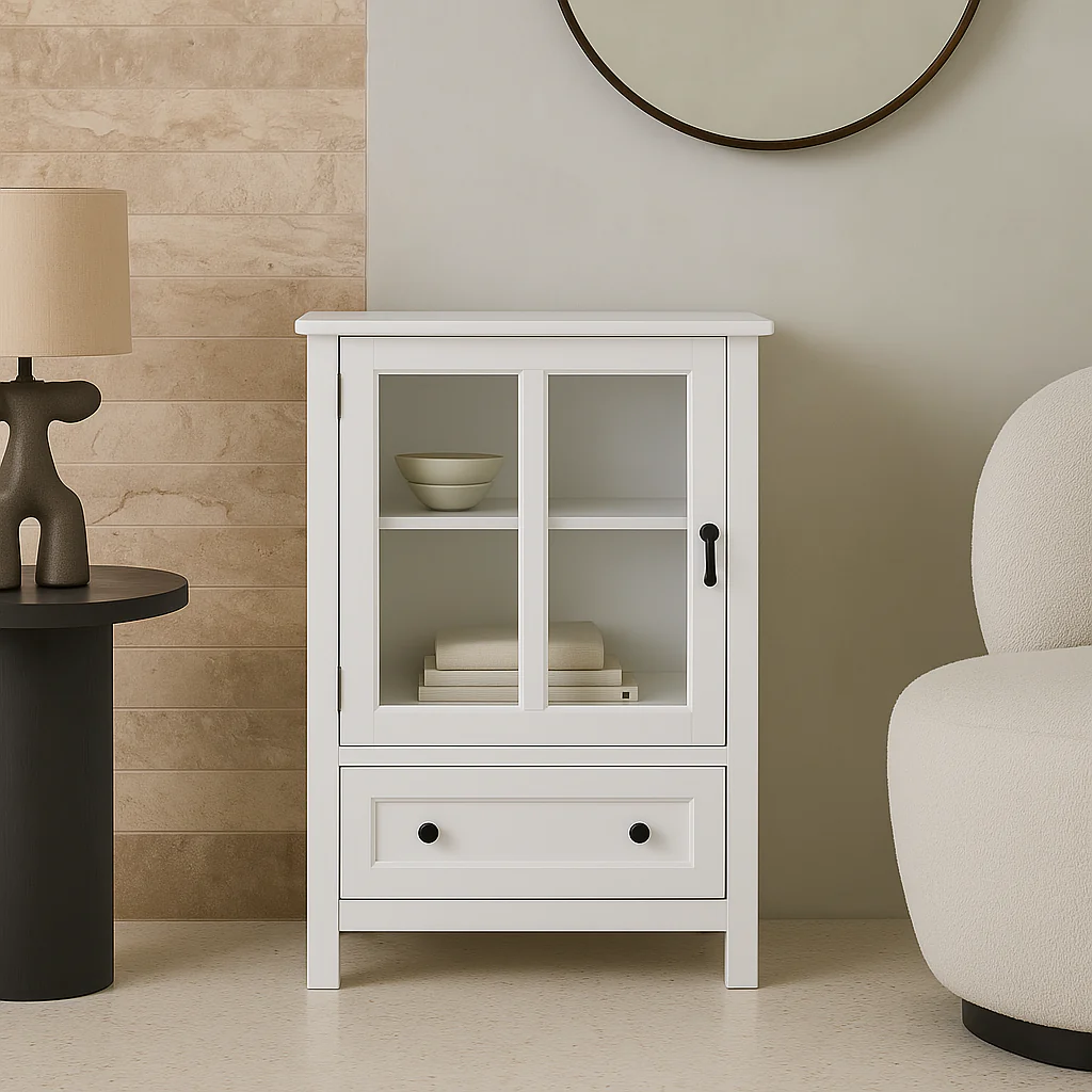 Unbranded Buffet Storage Cabinet with Glass Doors and Bell Handle, White - Image 2