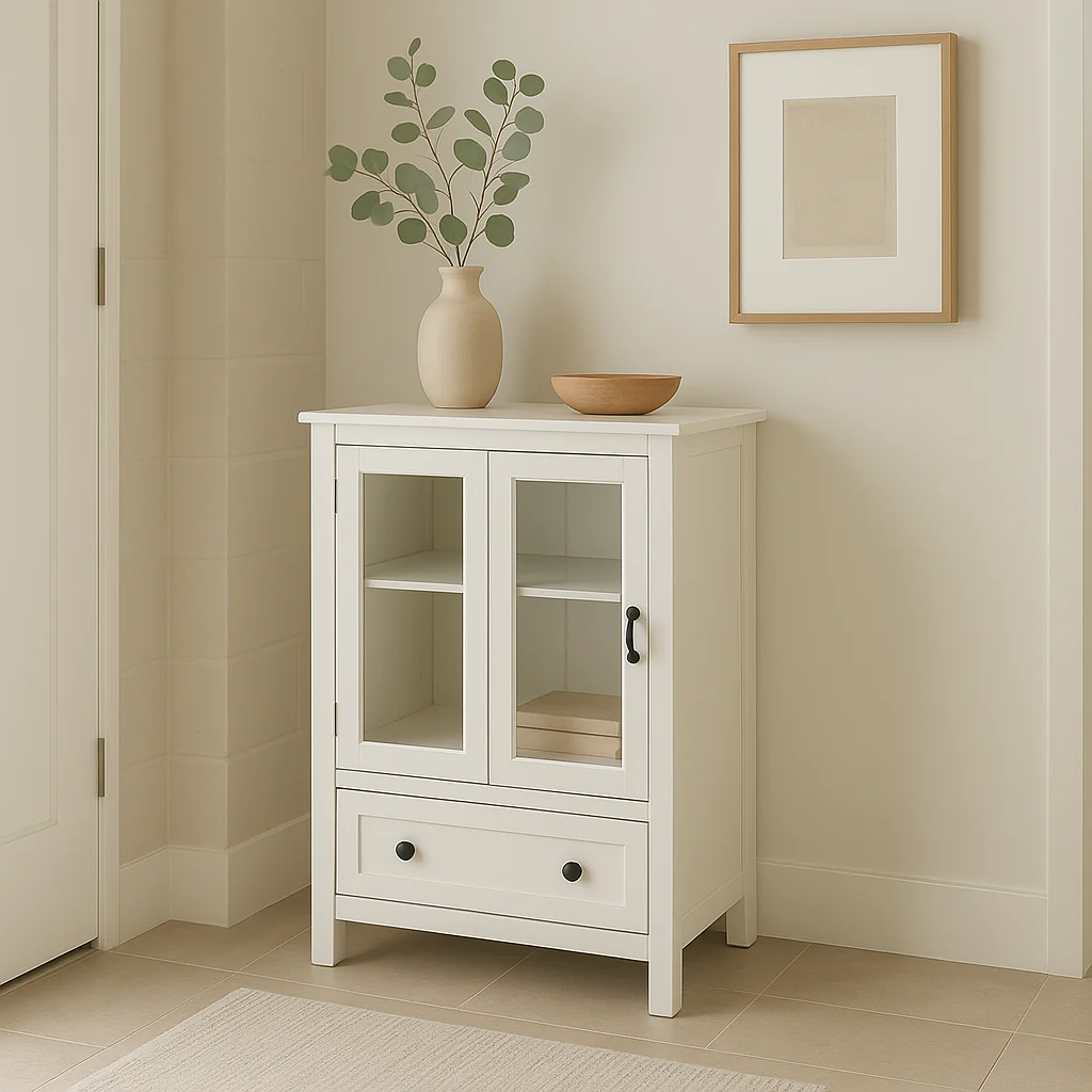 Unbranded Buffet Storage Cabinet with Glass Doors and Bell Handle, White - Image 3