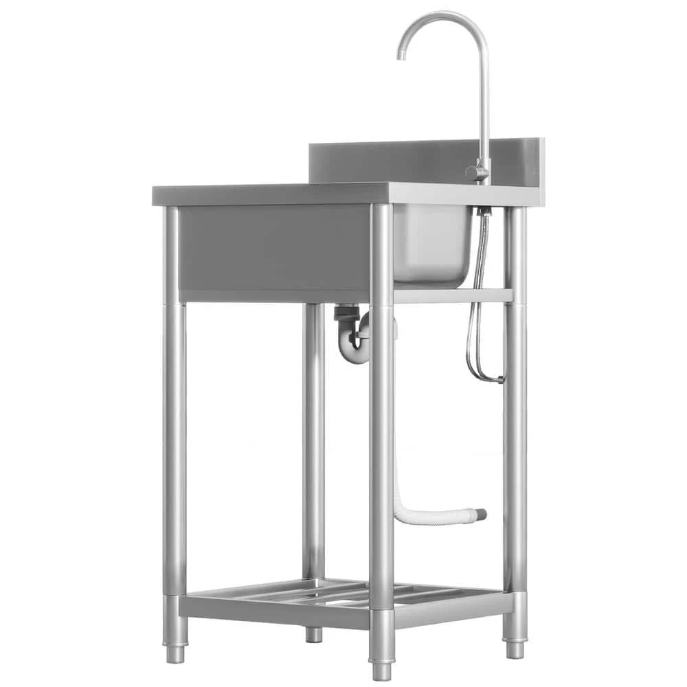 Unbranded Stainless Steel Freestanding Utility Sink with Dual Water Pipes and Storage - Image 4
