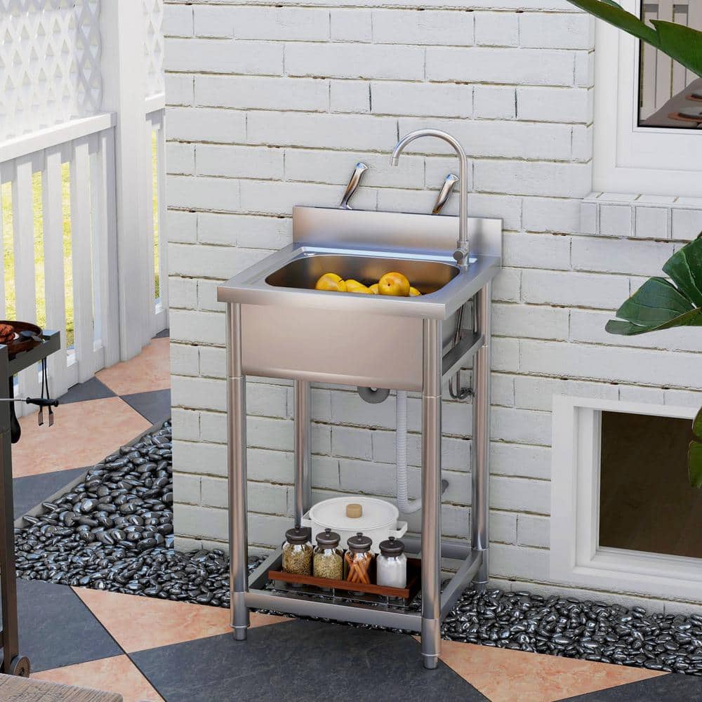 Unbranded Stainless Steel Freestanding Utility Sink with Dual Water Pipes and Storage - Image 5