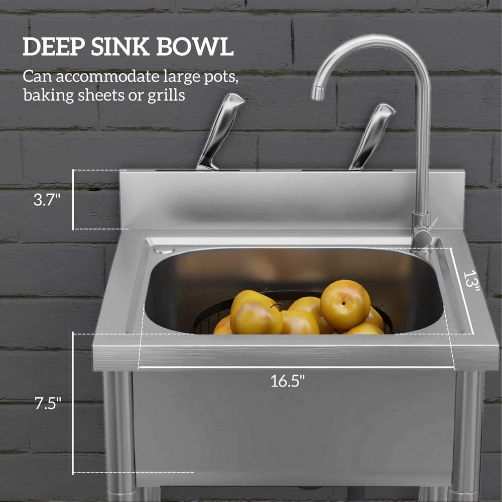 Unbranded Stainless Steel Freestanding Utility Sink with Dual Water Pipes and Storage - Image 6