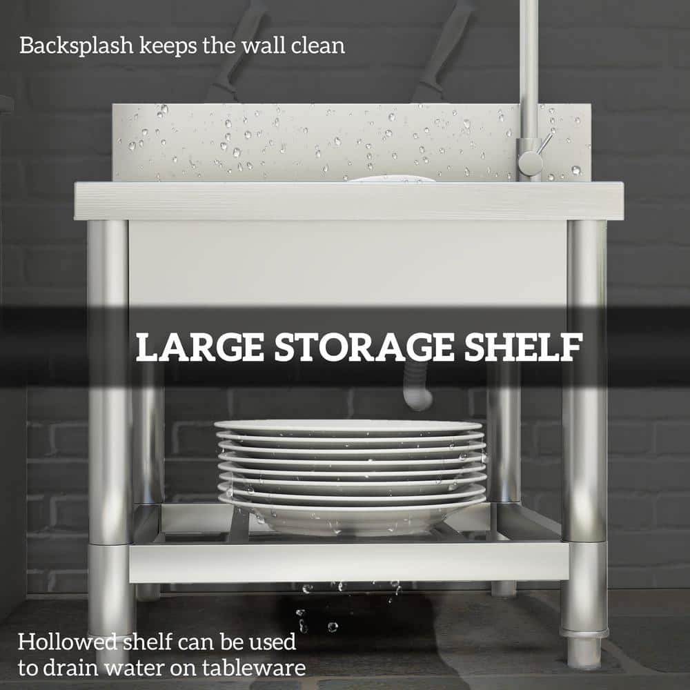 Unbranded Stainless Steel Freestanding Utility Sink with Dual Water Pipes and Storage - Image 8