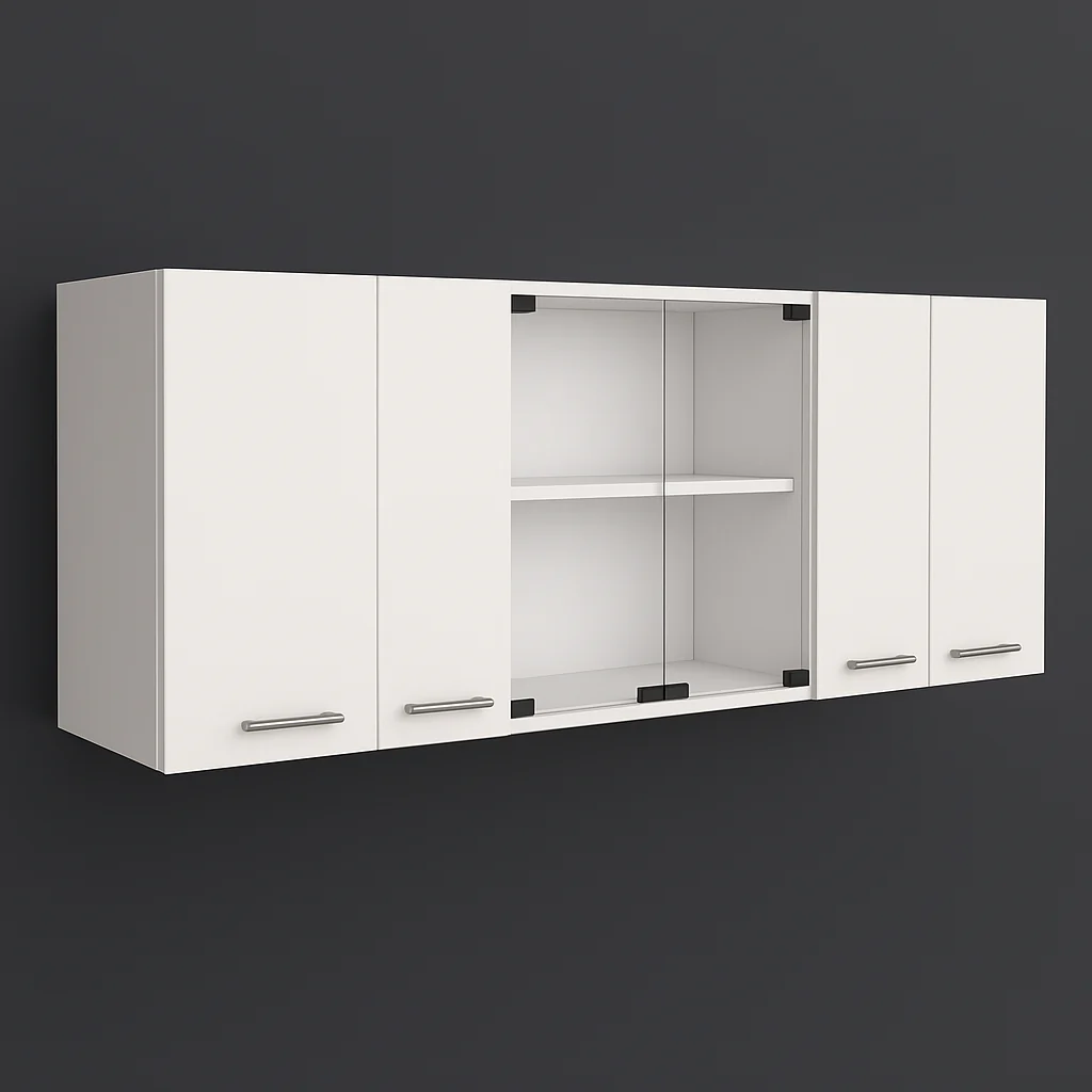 Unbranded White Plywood Kitchen Cabinet with Glass Center - 59-in W x 12.4-in D x 24-in H
