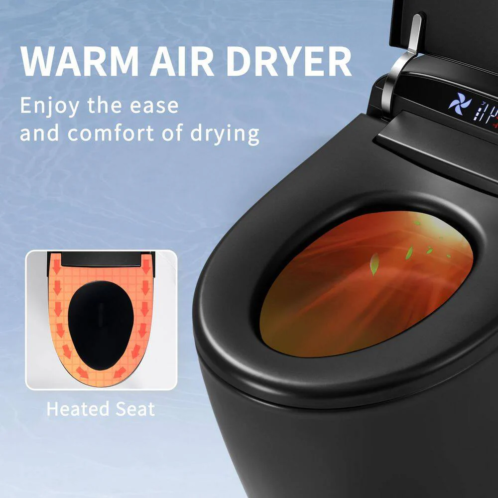 UPIKER 12-in-1 Elongated Bidet Toilet in Black with Heated Seat and Auto Flush - Image 10