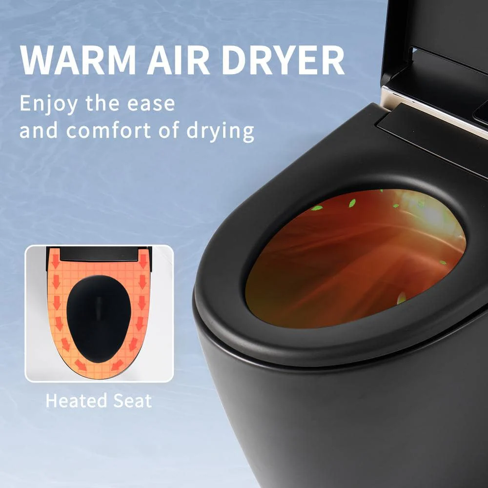 UPIKER 12 in 1-Piece 1.28 GPF Elongated Toilet in Matte Black with Heated Seat and Auto Flush - Image 7