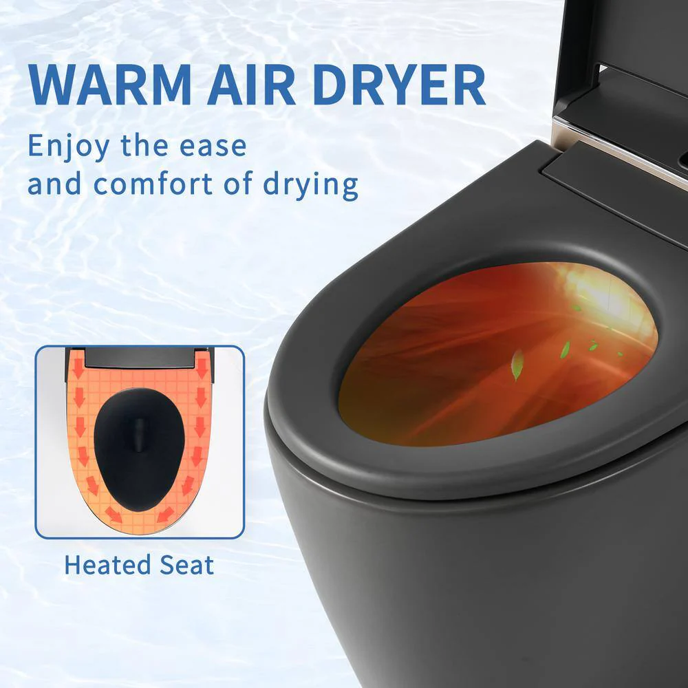 UPIKER Smart 12-in-1 Single Flush Elongated Toilet in Matte Gray with Heated Seat - Image 9