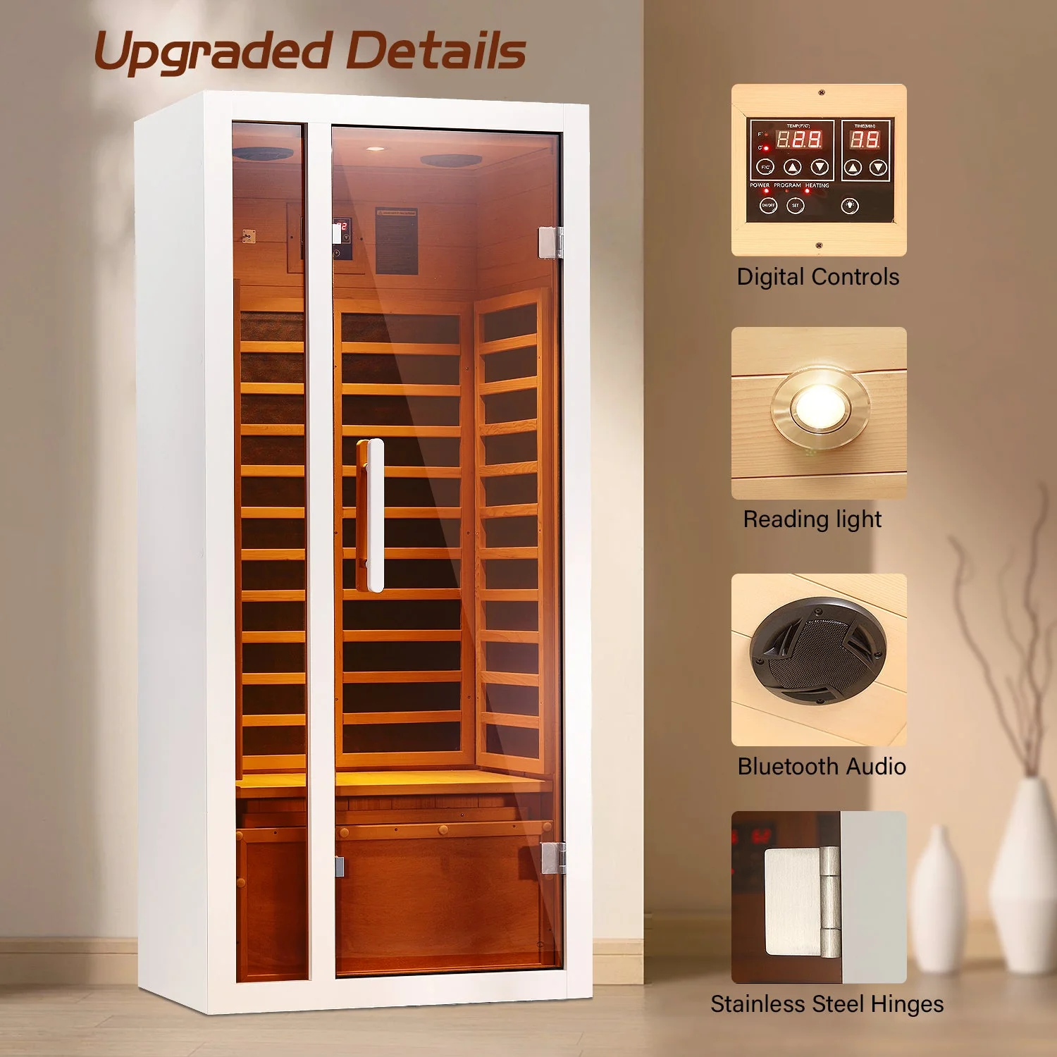 Vanity Art 1-Person Extendable Indoor FAR Infrared Sauna, Bluetooth-Compatible, 6 Carbon Heaters