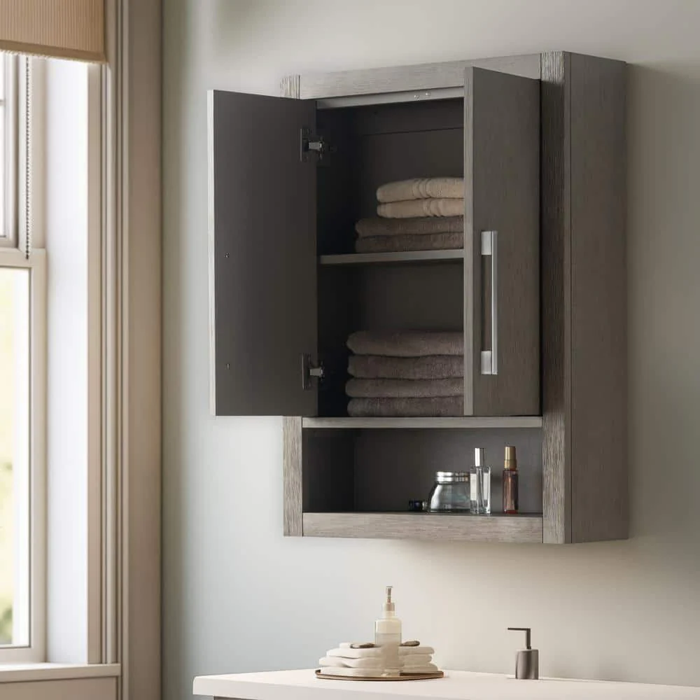 Vanity Art 24" Driftwood Gray Wall-Mounted Bathroom Storage Cabinet with Soft-Close Doors and Brushed Nickel Handles - Image 3