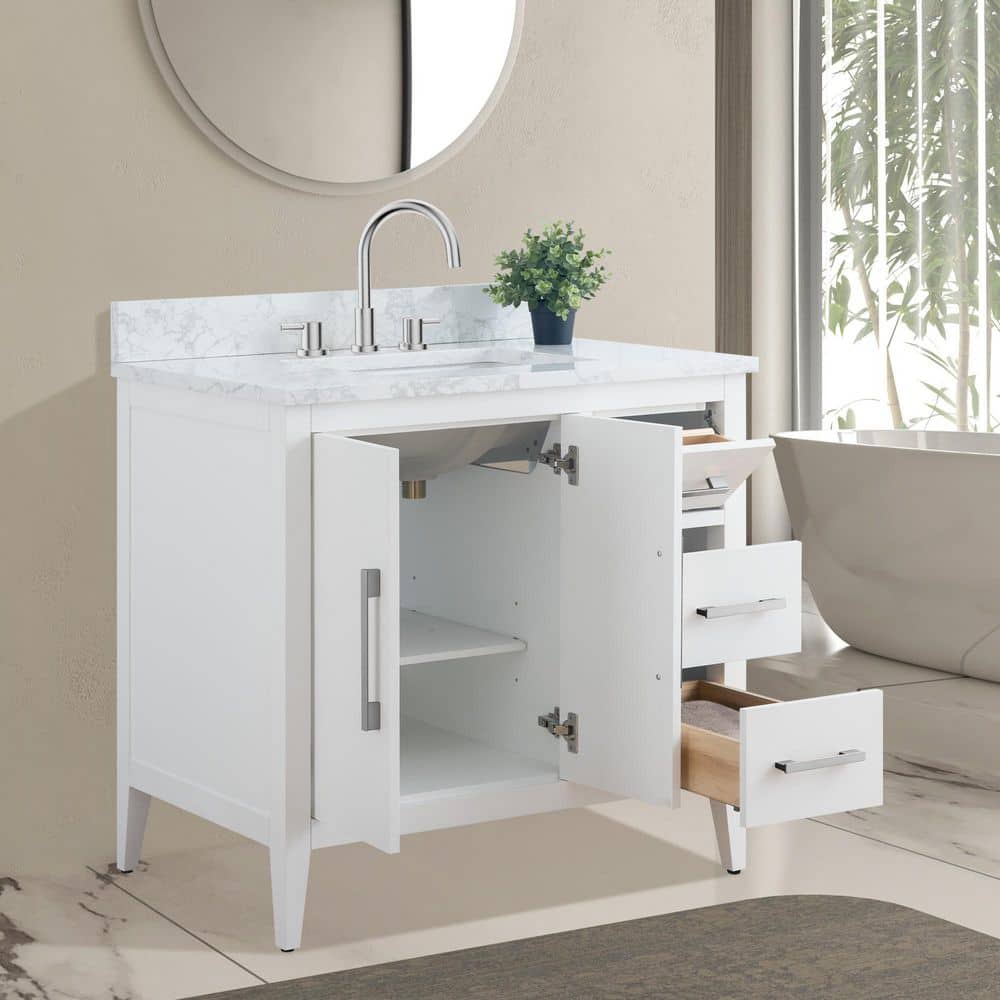 Vanity Art 36 in. W x 22 in. D x 34 in. H Single Sink Bathroom Vanity Cabinet in White with Engineered Marble Top (Arabescato White) - Image 3