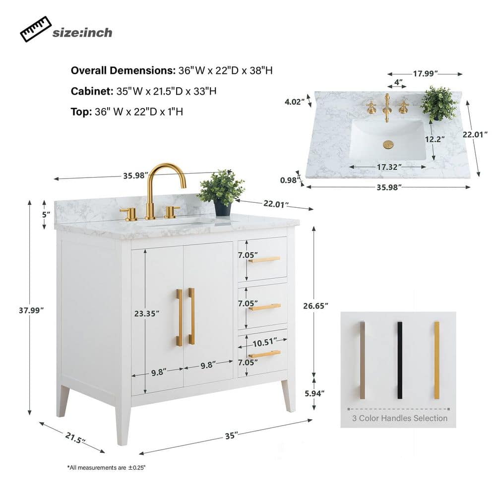Vanity Art 36 in. W x 22 in. D x 34 in. H Single Sink Bathroom Vanity Cabinet in White with Engineered Marble Top (Arabescato White) - Image 6