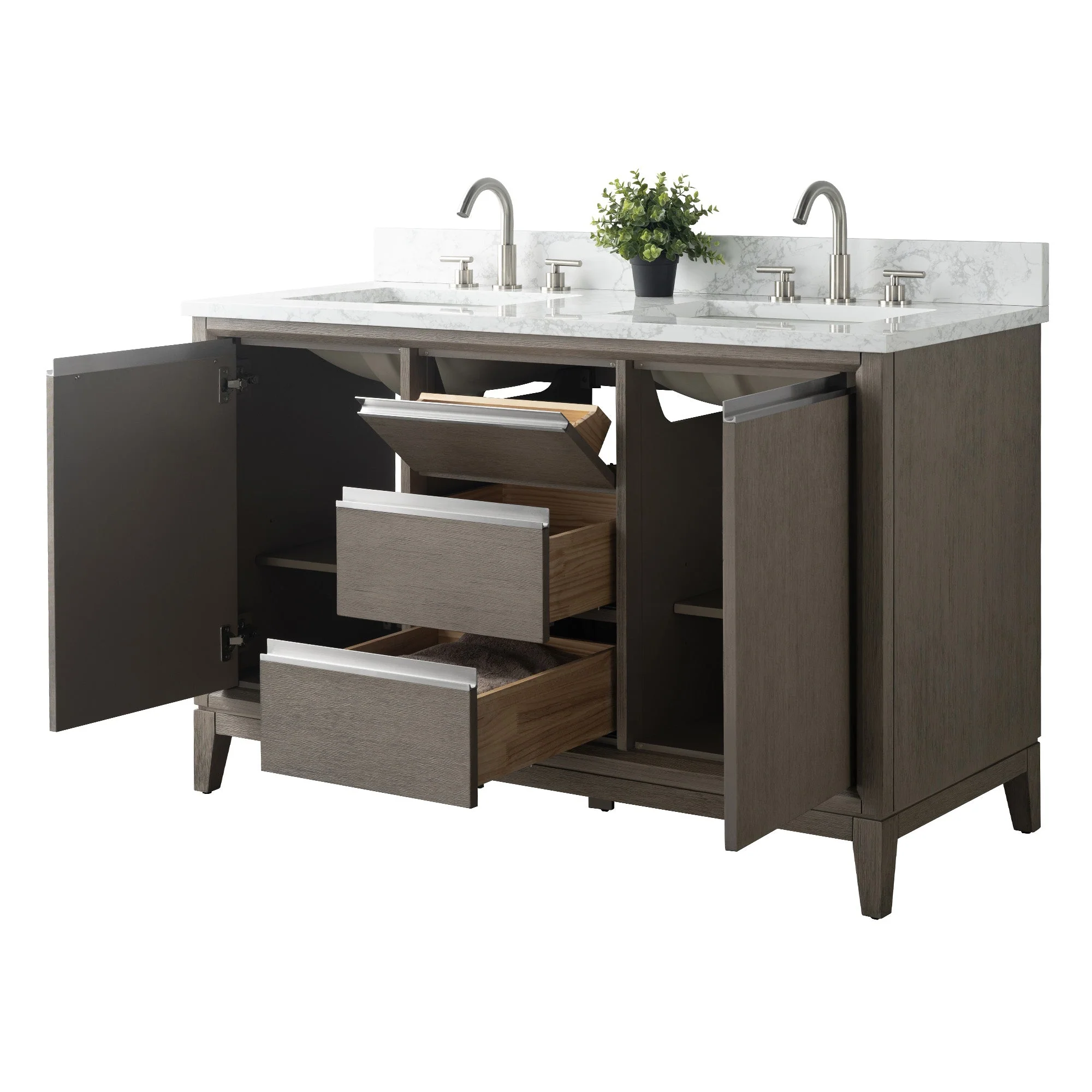 Vanity Art 60 in. W x 22 in. D x 34 in. H Double-Sink Bath Vanity, Driftwood Gray, Engineered Marble Top in Arabescato White - Image 2