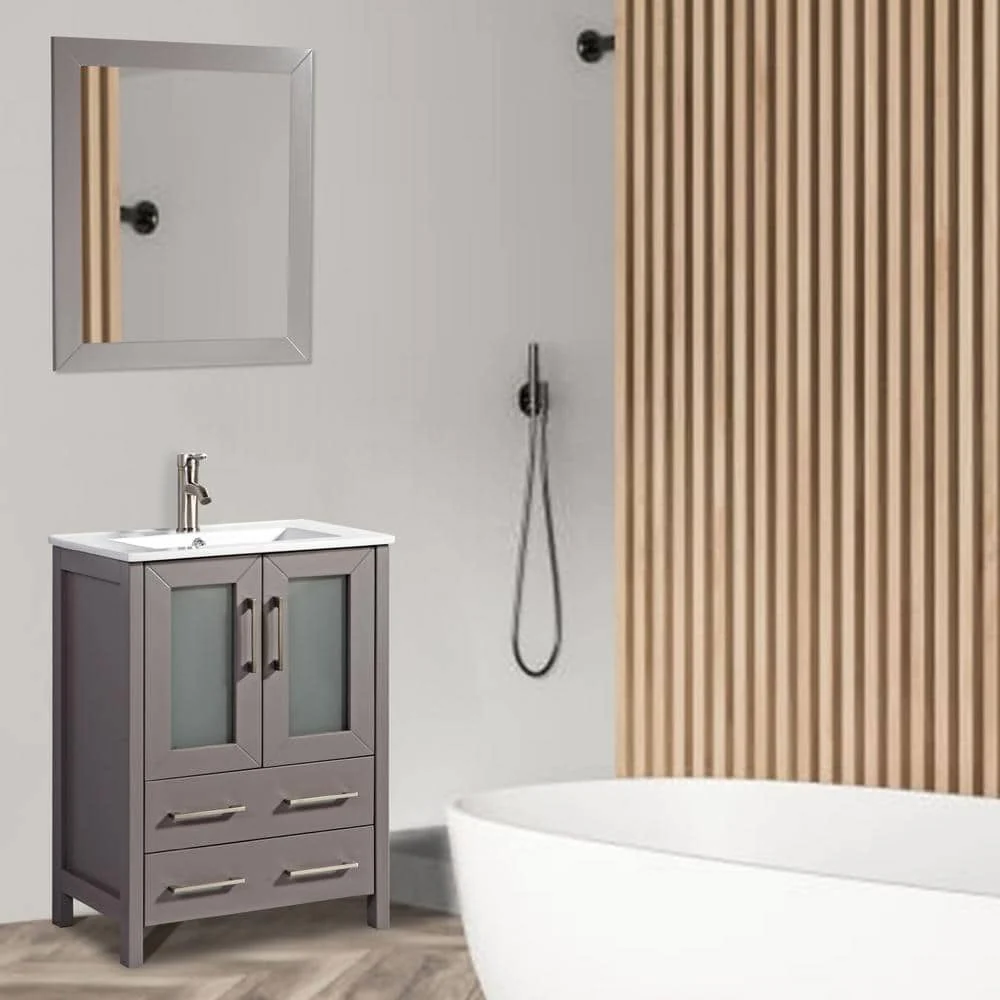 Vanity Art Brescia 24 in. W x 18 in. D x 36 in. H Bath Vanity in Grey with Vanity Top in White with White Basin and Mirror - Image 7