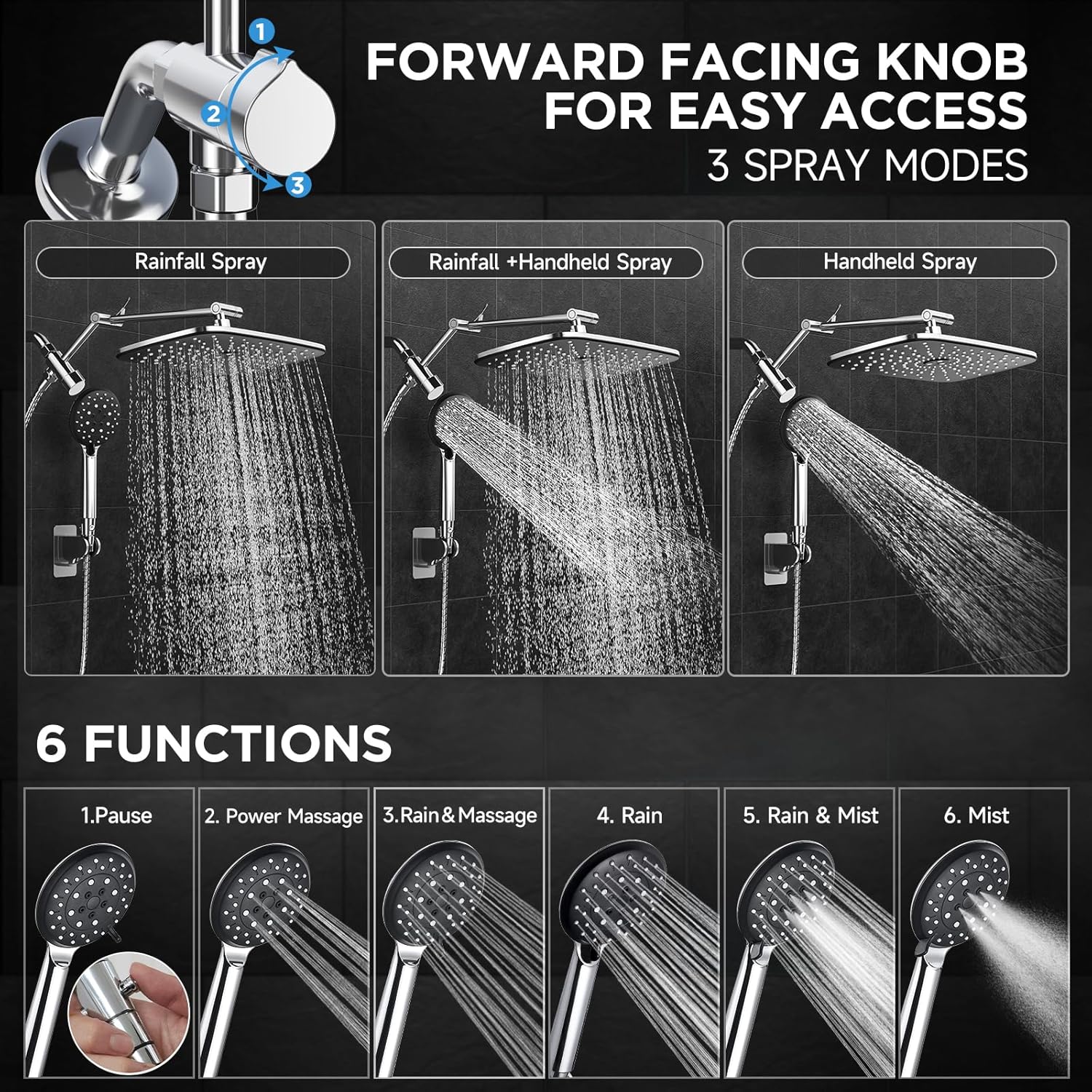 Veken Wide Rain Shower Head with Handheld Spray, High Pressure Combo with Adjustable Arm, Chrome Finish - Image 3